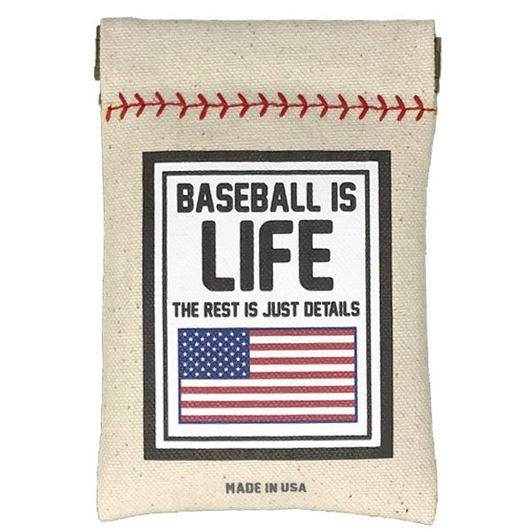 Collection of Canvas pouch with baseball design and 'Baseball is Life' text on a white background in a gallery layout