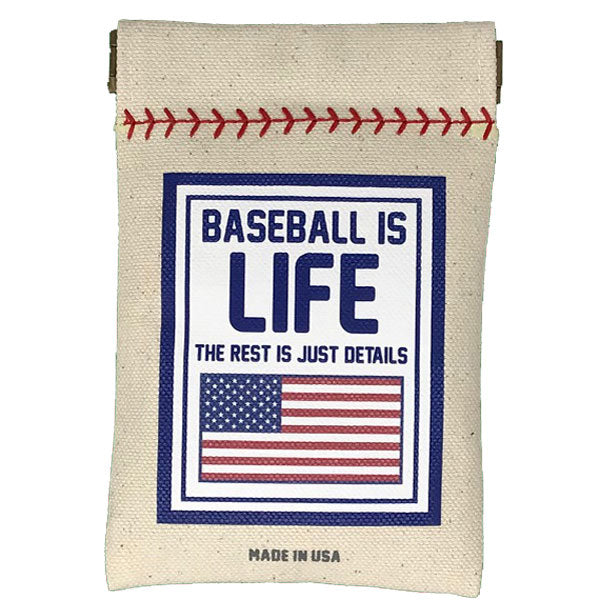Collection of Canvas pouch with 'Baseball is Life' text and American flag on a white background in a gallery layout