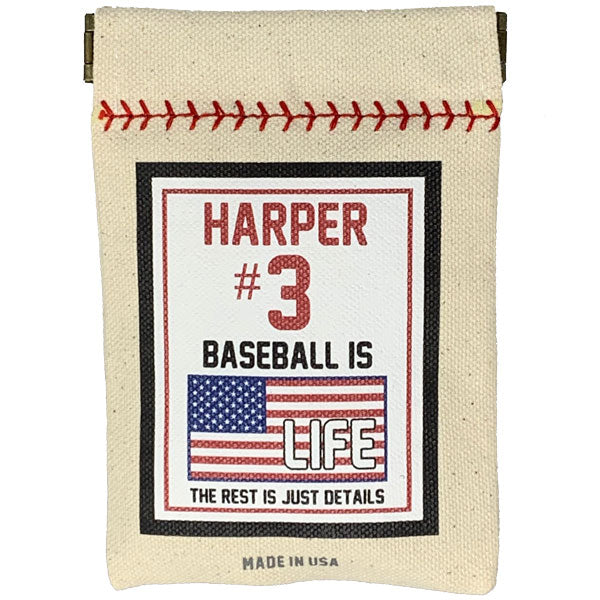 Collection of Canvas pouch with baseball-themed design and text on a white background in a gallery layout