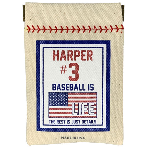 Collection of Canvas pouch with baseball-themed design and text on a white background in a gallery layout