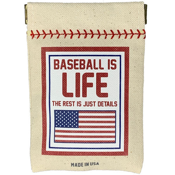 Canvas pouch with 'Baseball is Life' text and American flag design on a white background