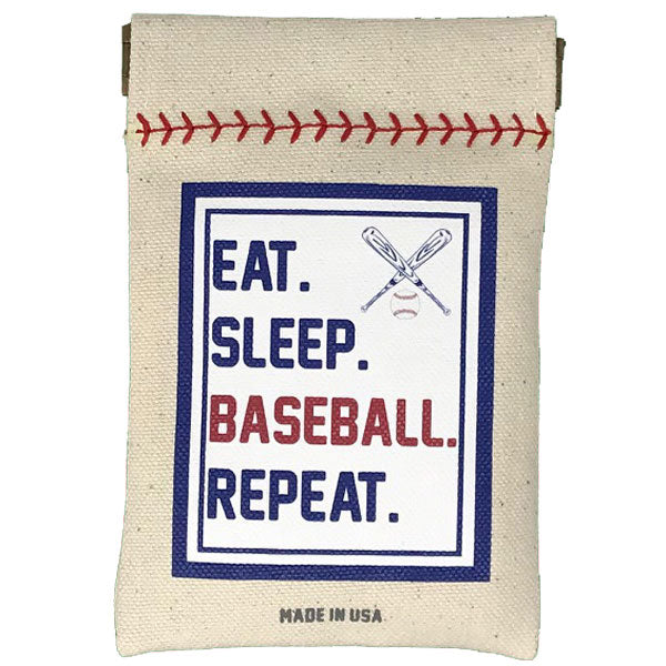 Collection of Canvas pouch with baseball design and text 'Eat. Sleep. Baseball. Repeat.' on a white background in a gallery layout