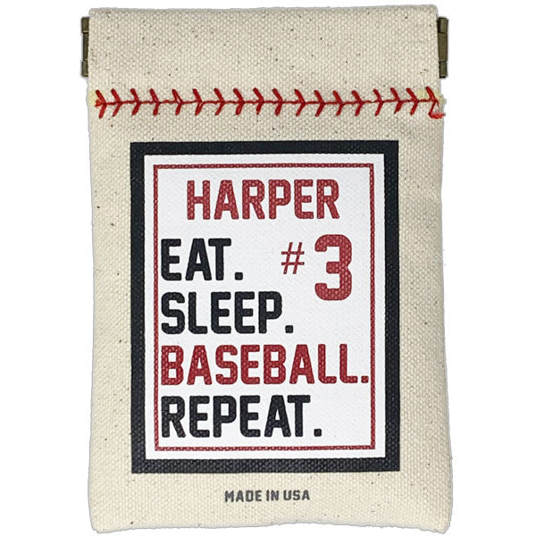 Collection of Canvas pouch with 'Harper Eat. Sleep. Baseball. Repeat.' text and '#3' printed on it. in a gallery layout