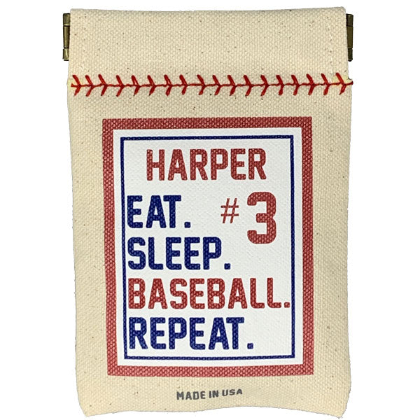 Collection of Canvas pouch with baseball stitching design and text 'Harper Eat. #3 Sleep. Baseball. Repeat.' in a gallery layout