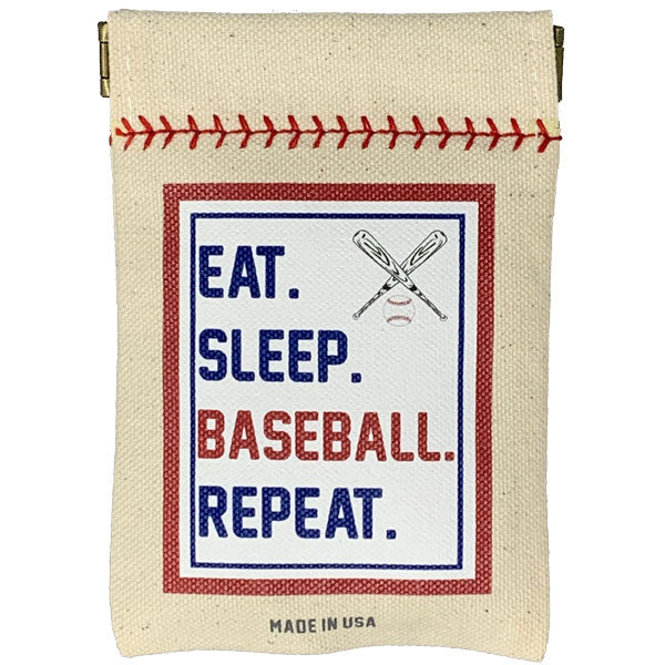 Collection of Canvas pouch with baseball-themed text 'Eat. Sleep. Baseball. Repeat.' on a white background in a gallery layout