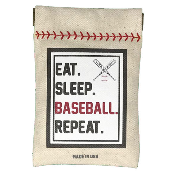 Collection of Canvas pouch with baseball-themed text 'Eat. Sleep. Baseball. Repeat.' on a white background in a gallery layout