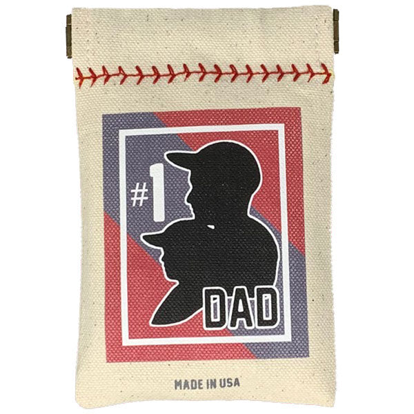 Collection of Canvas pouch with a graphic of a silhouette of a person wearing a cap and the text '#1 DAD' on a red and blue background. in a gallery layout