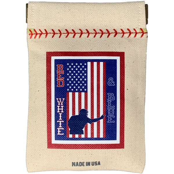 Canvas pouch with American flag design and text on a white background