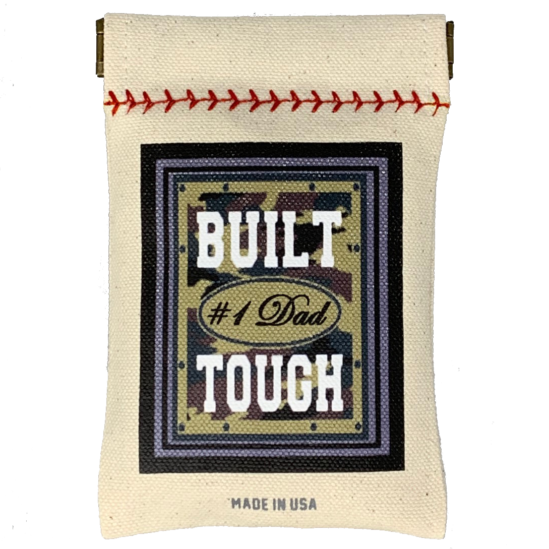 Collection of Canvas pouch with 'Built #1 Dad Tough' text and baseball stitching on a white background in a gallery layout
