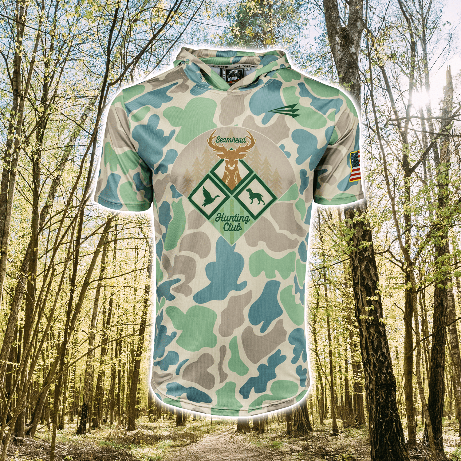 Collection of Camouflage-patterned short sleeve baseball hoodie with hunting club design in a forest setting in a gallery layout
