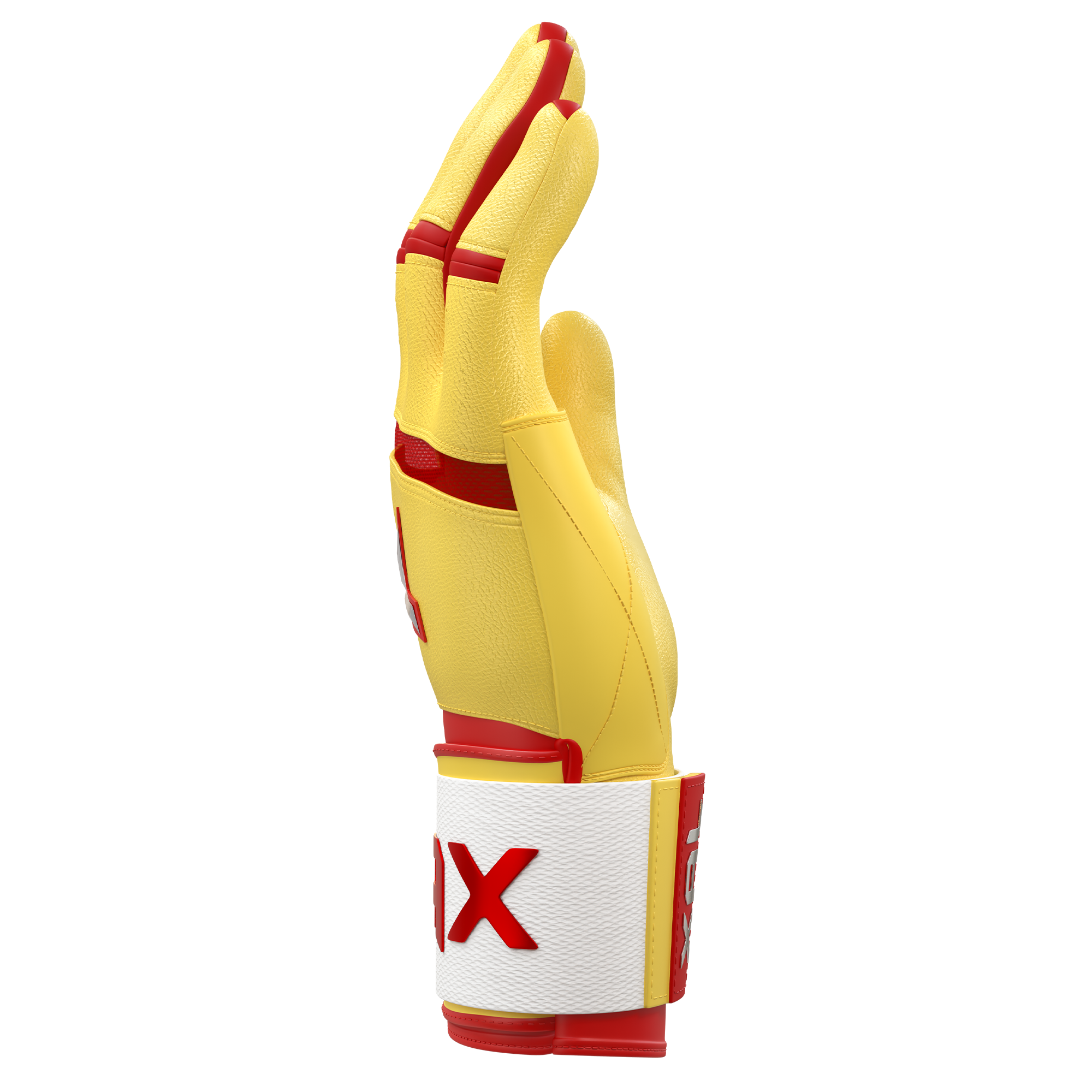 Collection of Yellow and red JAX baseball batting glove with a white brand logo on a white background in a gallery layout