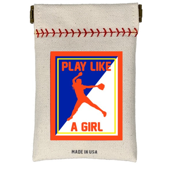 Canvas pouch with 'Play Like a Girl' graphic and text on a white background