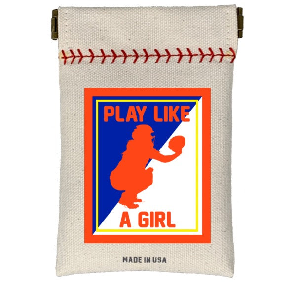 Canvas pouch with 'Play Like a Girl' graphic and text on a white background