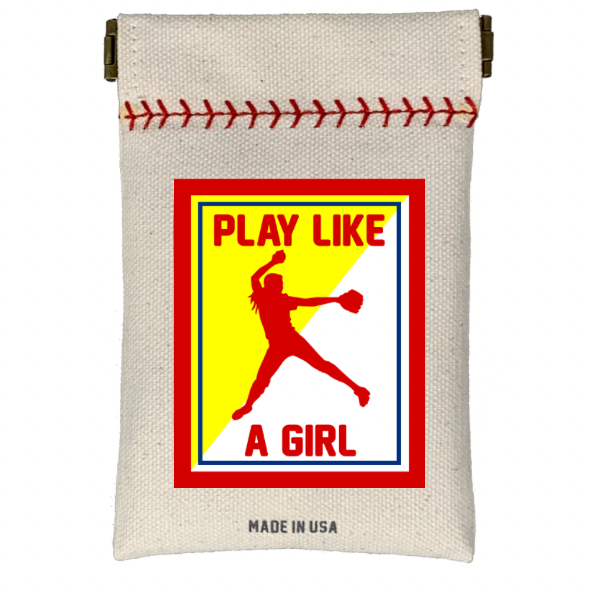 Collection of Canvas pouch with graphic of a female softball player and text 'Play Like a Girl' on a white background in a gallery layout