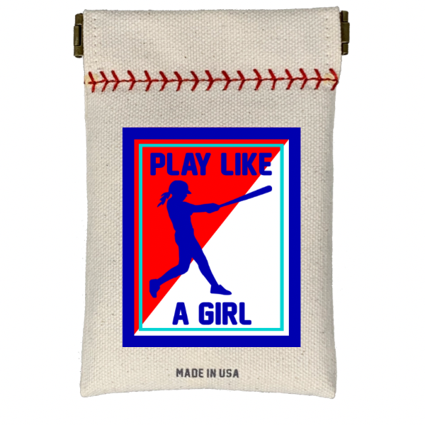 Canvas pouch with 'Play Like a Girl' graphic and text on a white background