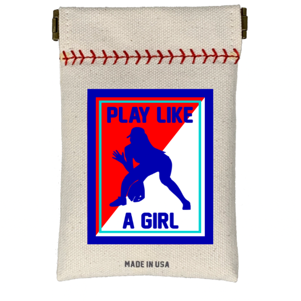 Collection of Canvas pouch with 'Play Like a Girl' graphic and softball stitching detail on a white background in a gallery layout