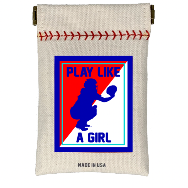 Collection of Canvas pouch with graphic design of a girl playing softball and text 'Play Like a Girl' on a white background. in a gallery layout