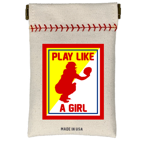 Collection of Canvas pouch with graphic design of a girl playing softball and text 'Play Like a Girl' on a white background. in a gallery layout