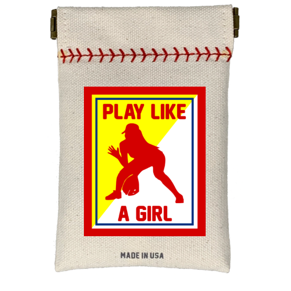 Canvas pouch with graphic design of a female softball player and text 'Play Like A Girl' on a white background.