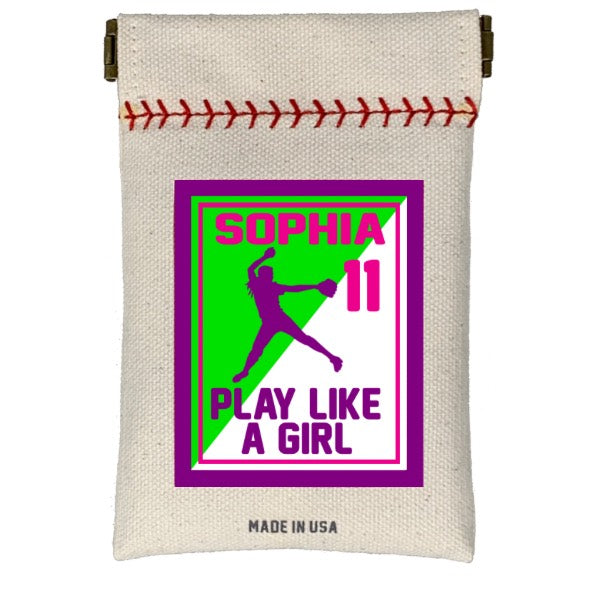 Collection of Canvas pouch with graphic design of a girl playing sports and text 'SOPHIA 11 PLAY LIKE A GIRL MADE IN USA'. in a gallery layout