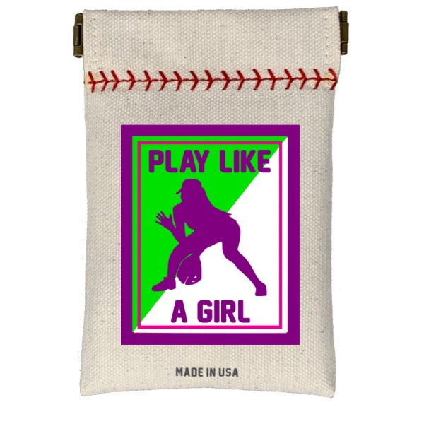 Collection of Canvas pouch with graphic design of a silhouette playing softball and text 'Play Like A Girl' on a white background. in a gallery layout
