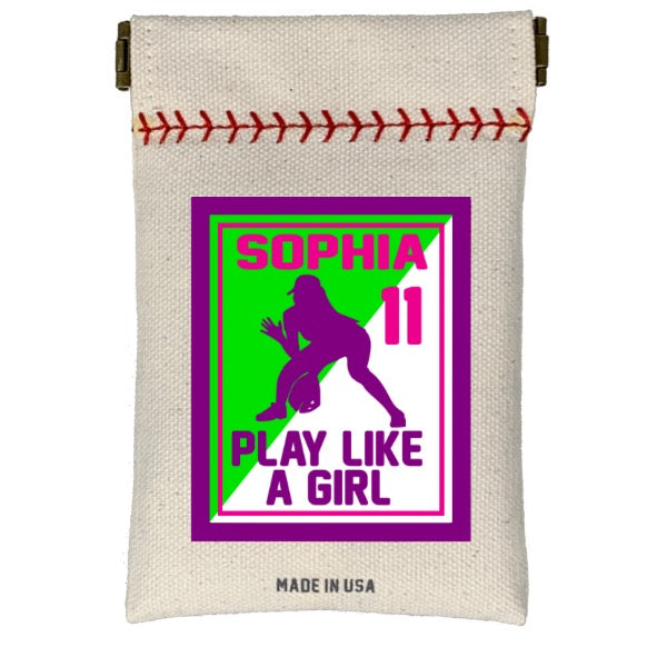 Canvas pouch with graphic design of a girl playing sports, text 'SOPHIA 11 PLAY LIKE A GIRL', and 'MADE IN USA' on a white background.