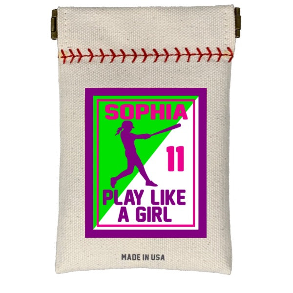 Canvas pouch with a graphic of a girl playing softball, the name 'Sophia', number '11', and text 'Play Like a Girl' on a white background.