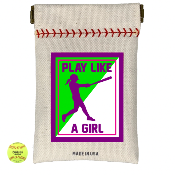 Canvas pouch with 'Play Like a Girl' design featuring a silhouette of a female softball player, with a softball on a white background.