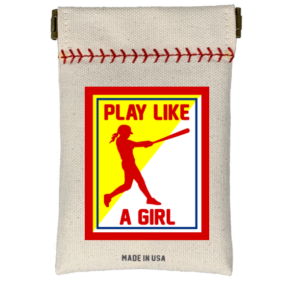 Canvas pouch with 'Play Like a Girl' graphic and text on a white background