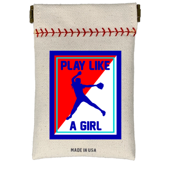 Collection of Canvas pouch with 'Play Like a Girl' graphic and softball stitching design on a white background in a gallery layout