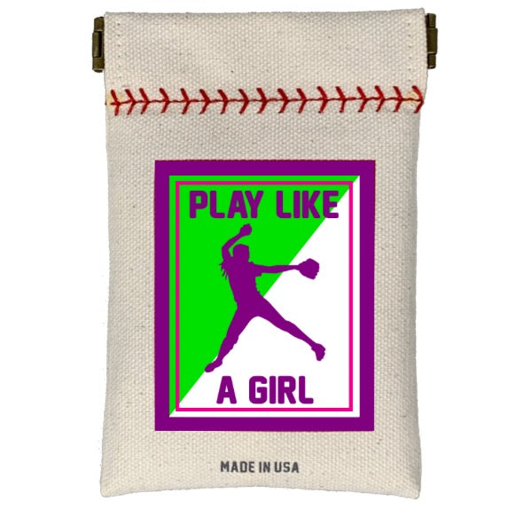 Collection of Canvas pouch with graphic design of a female softball player and text 'Play Like A Girl' on a white background. in a gallery layout