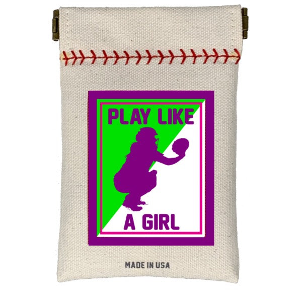 Canvas pouch with graphic design of a silhouette playing baseball and text 'Play Like A Girl' on a white background.