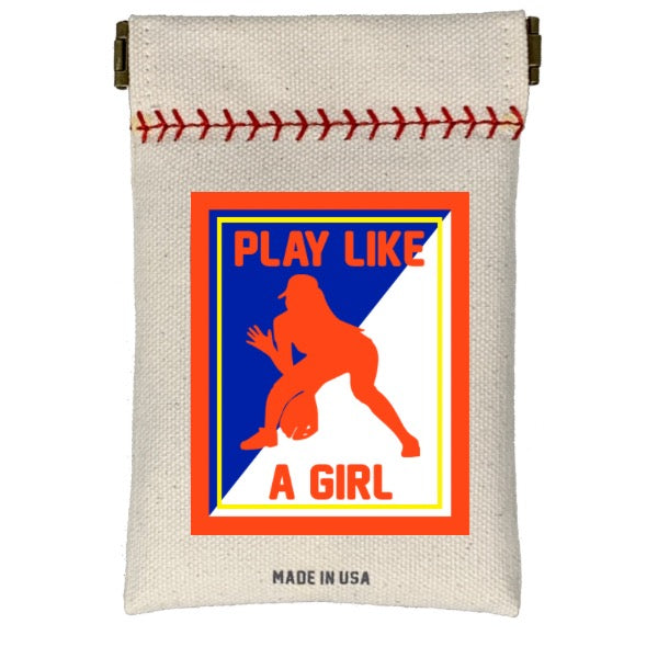 Canvas pouch with 'Play Like a Girl' graphic and text on a white background