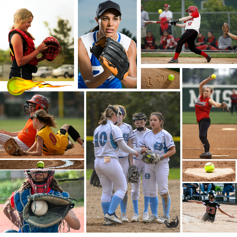 Collection of Collage of softball players in various action poses on a field. in a gallery layout