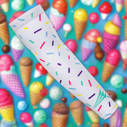 Collection of White tube with colorful sprinkles against a background of ice cream cones and colorful balls in a gallery layout