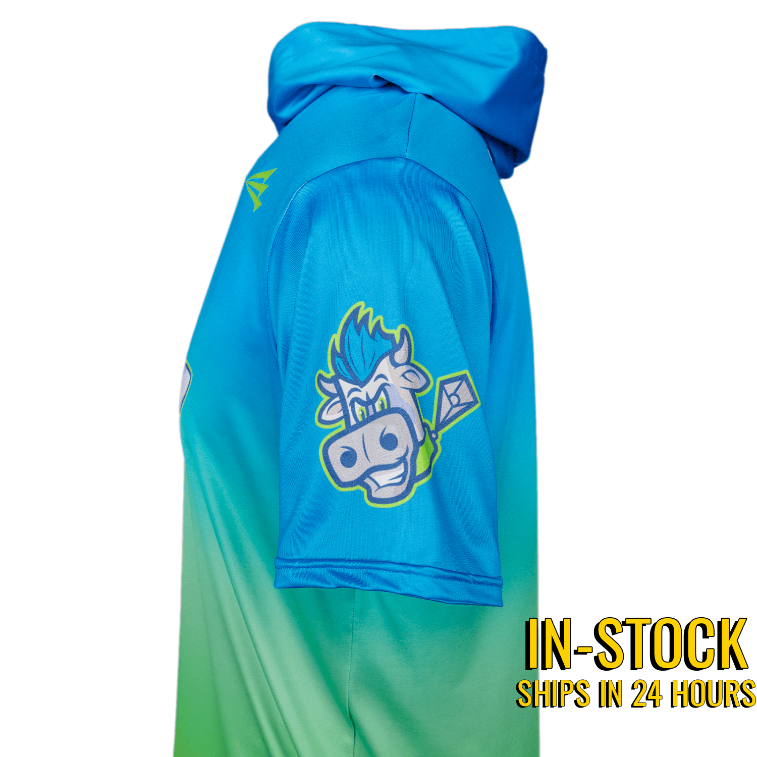 Collection of Blue and green short sleeve hoodie hoodie with a cartoon character on the back, on a white background. in a gallery layout