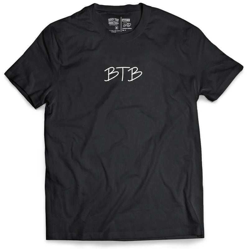 Collection of Black t-shirt with 'BTB' text on a white background. Better than basketball in a gallery layout