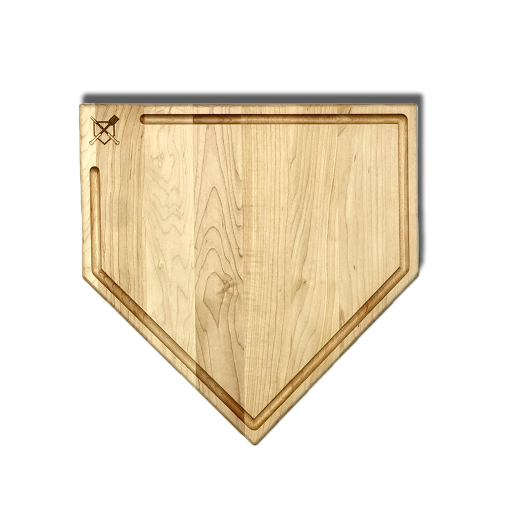 Collection of Wooden home plate-shaped cutting board on a white background in a gallery layout
