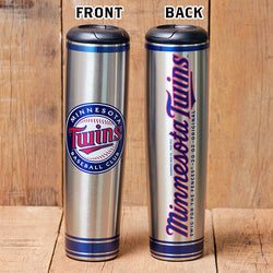 Collection of Silver tumbler with Minnesota Twins logo on a wooden background in a gallery layout