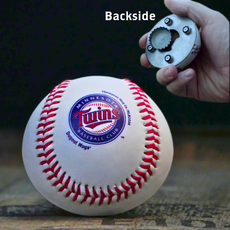Collection of Baseball with Twins logo on a wooden surface, held by a hand with a bottle opener. in a gallery layout