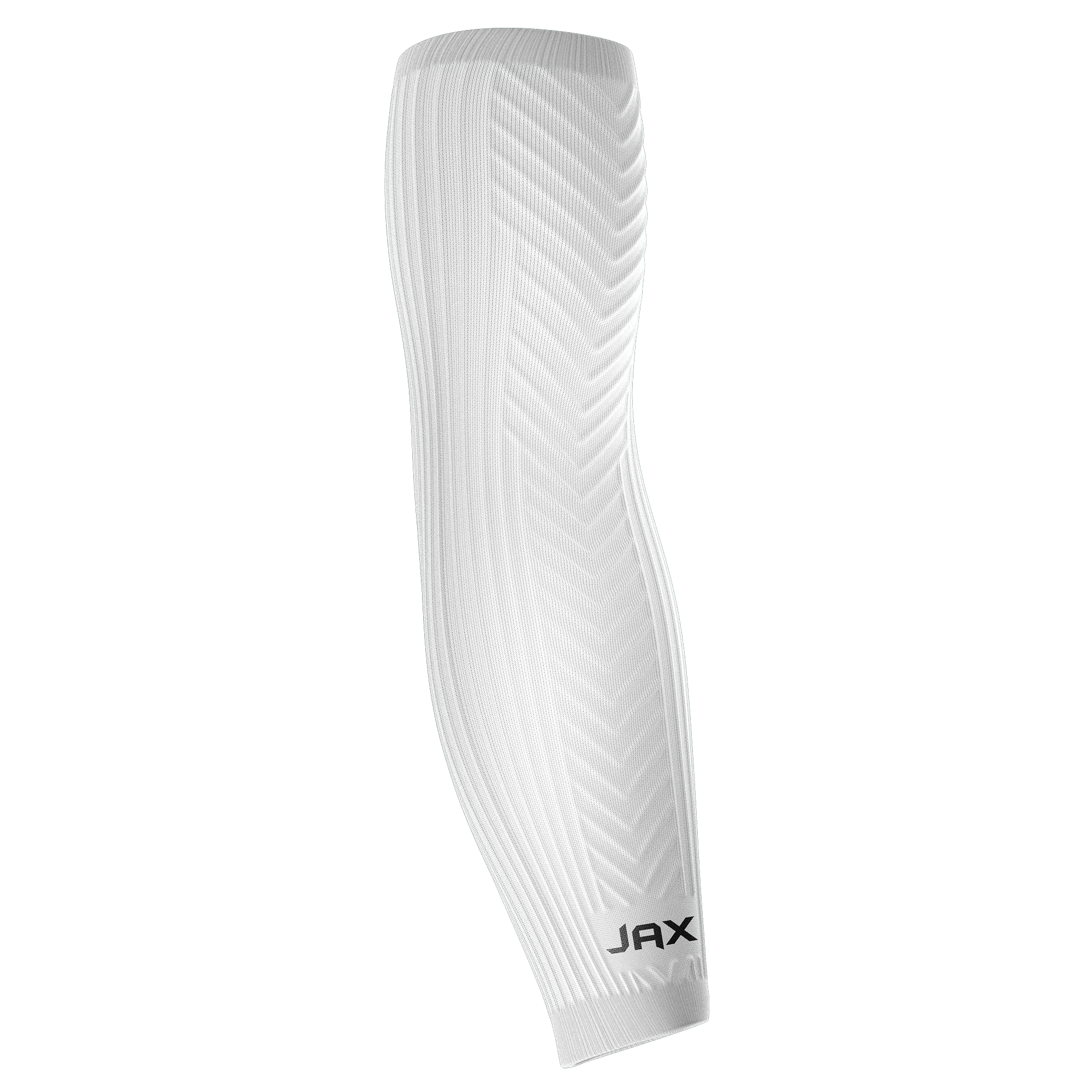 Collection of White athletic baseball arm sleeve with 'JAX' branding on a white background in a gallery layout