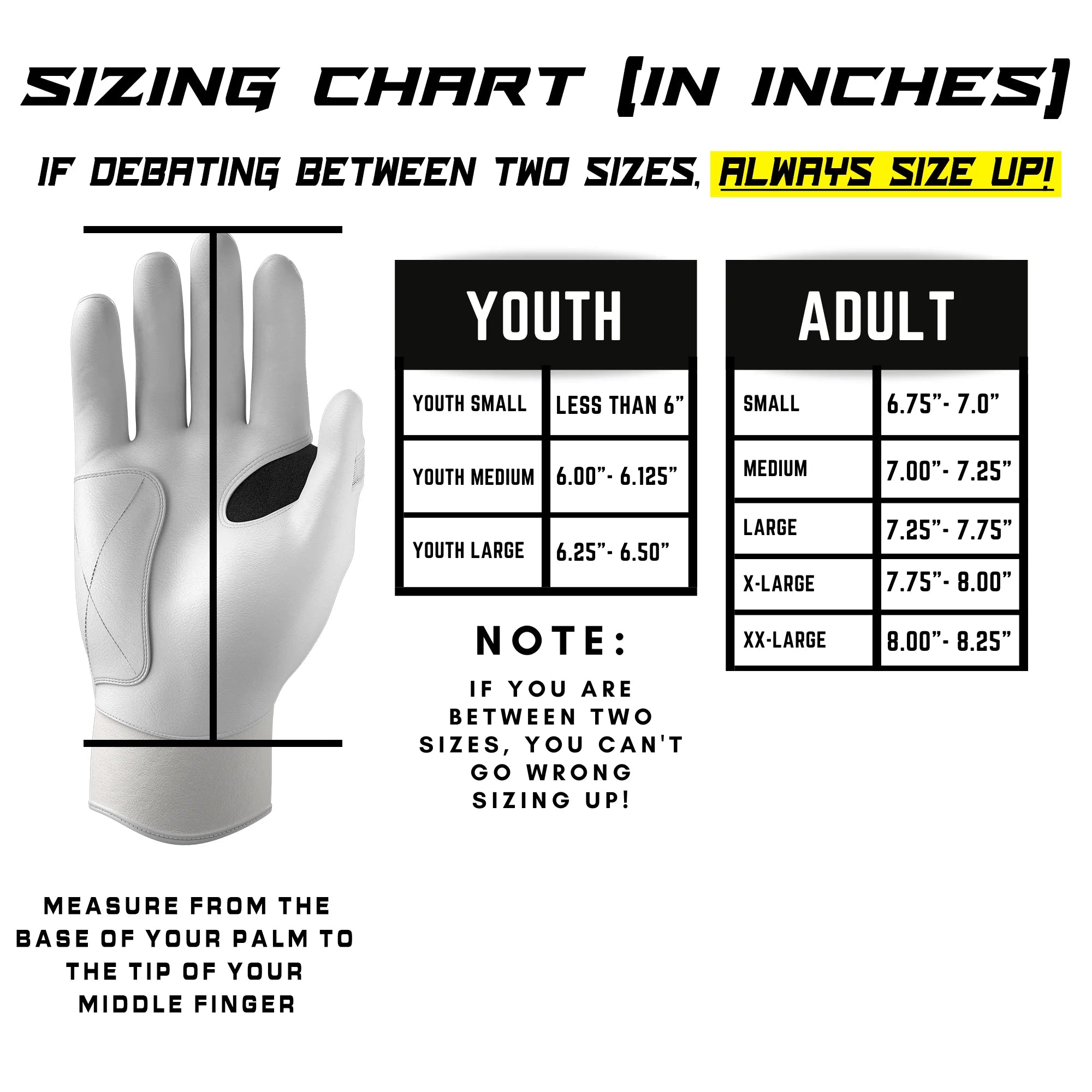 Collection of JAX batting glove sizing chart for youth and adult sizes in inches with a white glove illustration. in a gallery layout