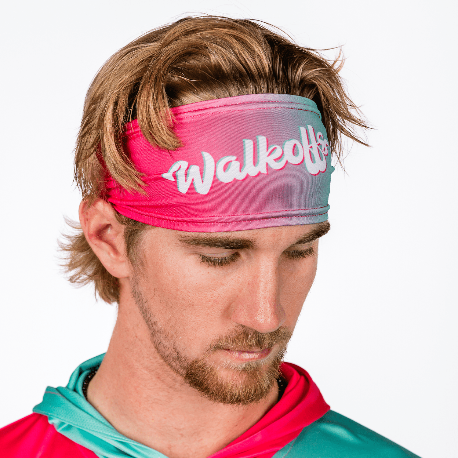 Person wearing a pink headband with 'Walkoff' text on a white background