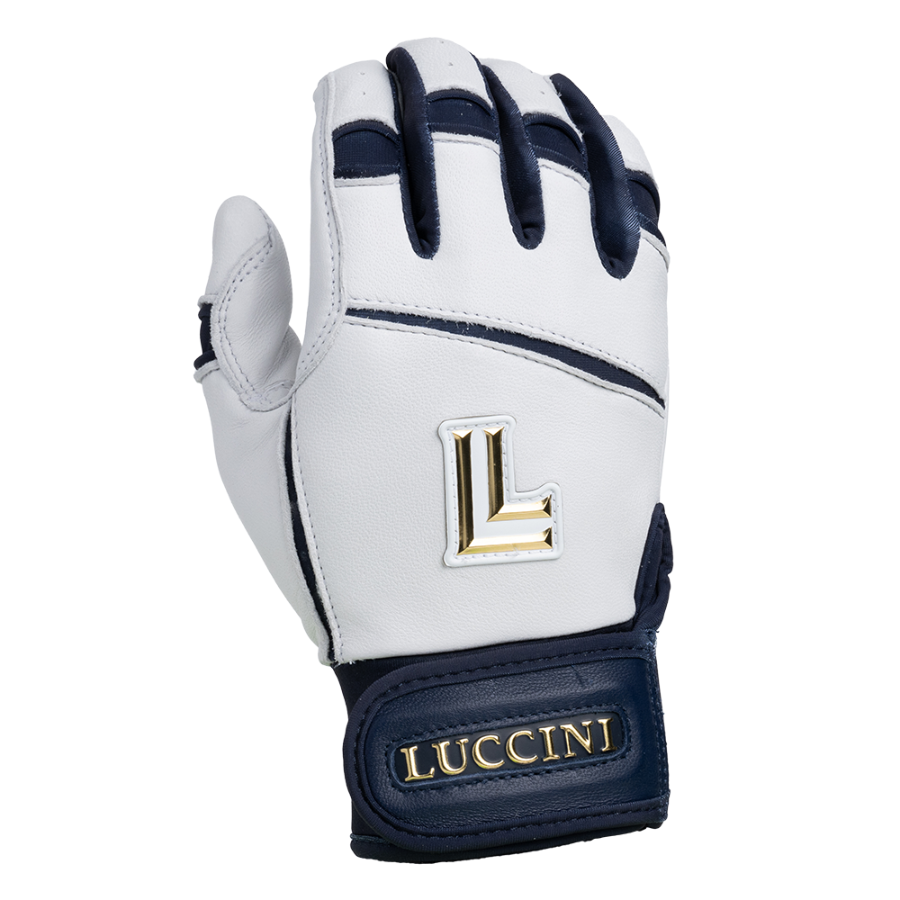White and navy glove with gold letter 'L' and brand name on a white background