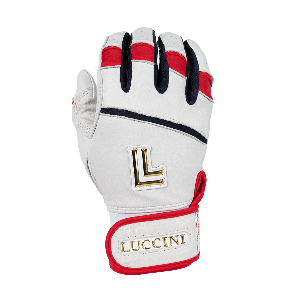 Collection of White batting glove with red and black accents and Luccini branding on a white background in a gallery layout