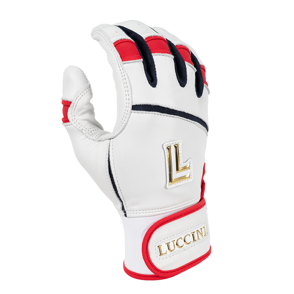 White batting glove with red and black accents and 'Luccini' branding on a white background