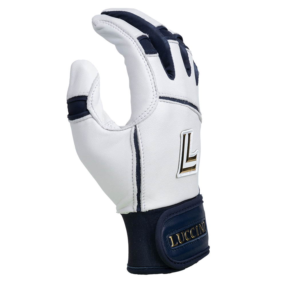 White and navy glove with Lucchini logo on a white background