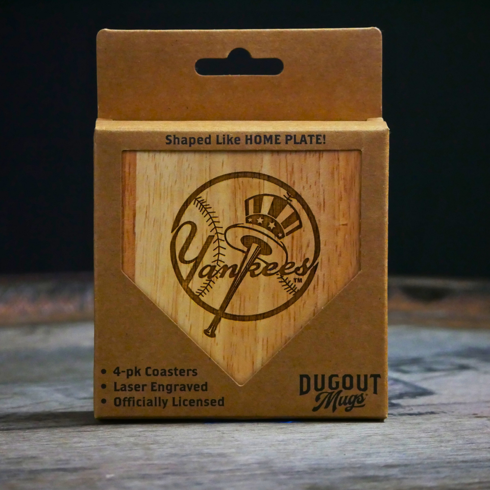 Collection of Packaging of wooden coasters with Yankees logo on a wooden surface in a gallery layout