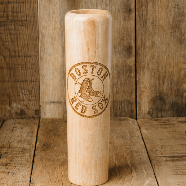 Collection of Wooden baseball bat with Boston Red Sox logo on a wooden background in a gallery layout
