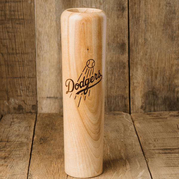 Collection of Wooden baseball bat with 'Dodgers' engraving on a wooden background in a gallery layout